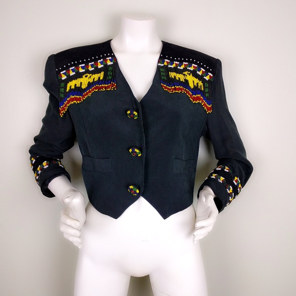 EREZ Silk Suede Native Indian Bead Fringe Blazer